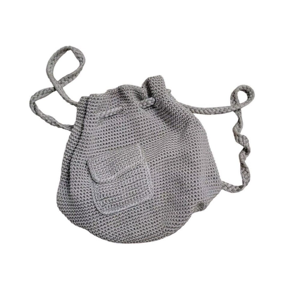 The Sak Boho Chic Crochet Drawstring Backpack Tan Khaki Bucket Bag